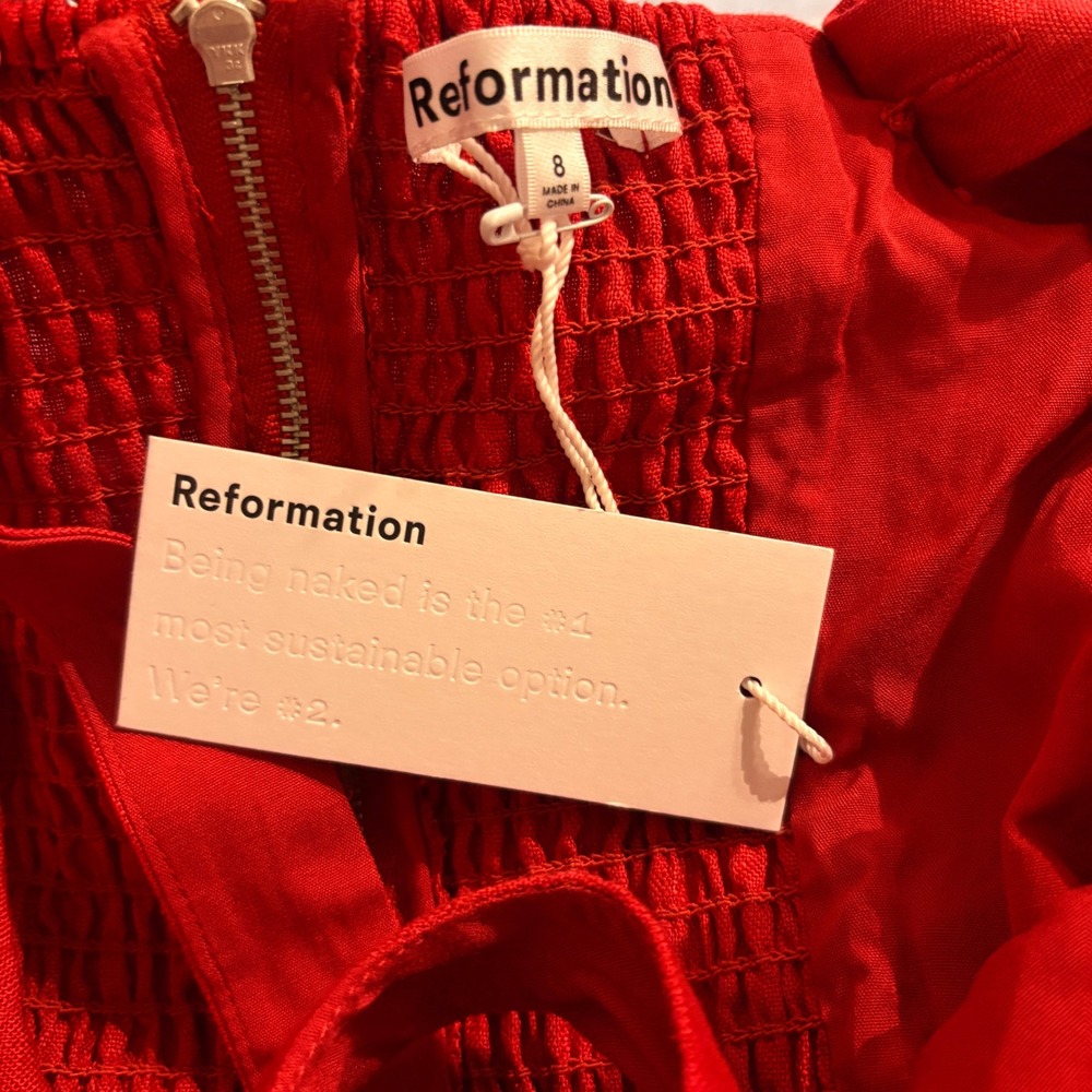 Reformation Balia Linen Dress Sundried Tomato Red Midi Ruched Bust Size 8 NEW - Picture 6 of 7